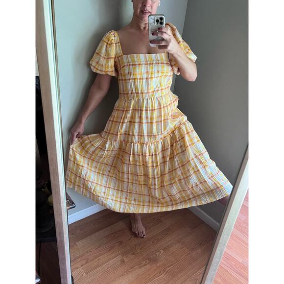 Astr The Label Anthropologie IIana Puff Sleeve Prarie Yellow Plaid Dress - Picture 6 of 17